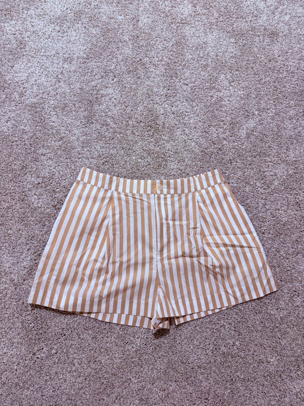 STAUD Zoey Cotton Beige and White Striped High-Rise Shorts
